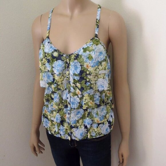 Abercrombie Womens Floral Ruffle Tank Top Size XS Shirt Blue & Green - Picture 3 of 7